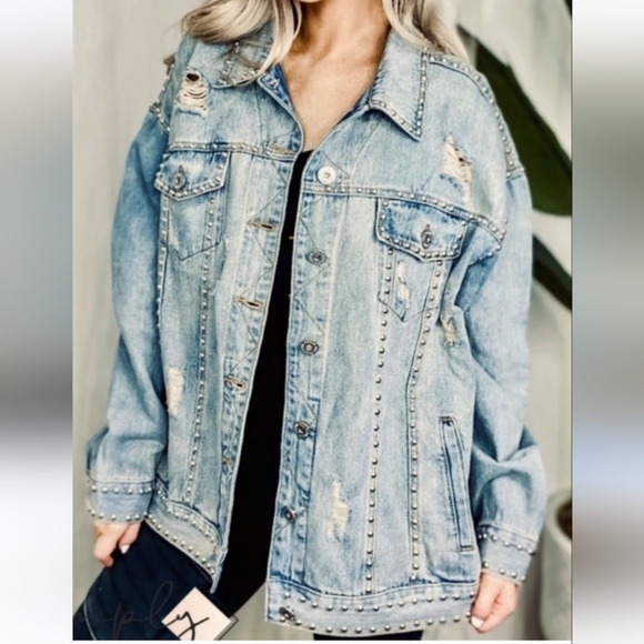 POL Oversized Studded Denim Jean Jacket Sz-L - Picture 2 of 10
